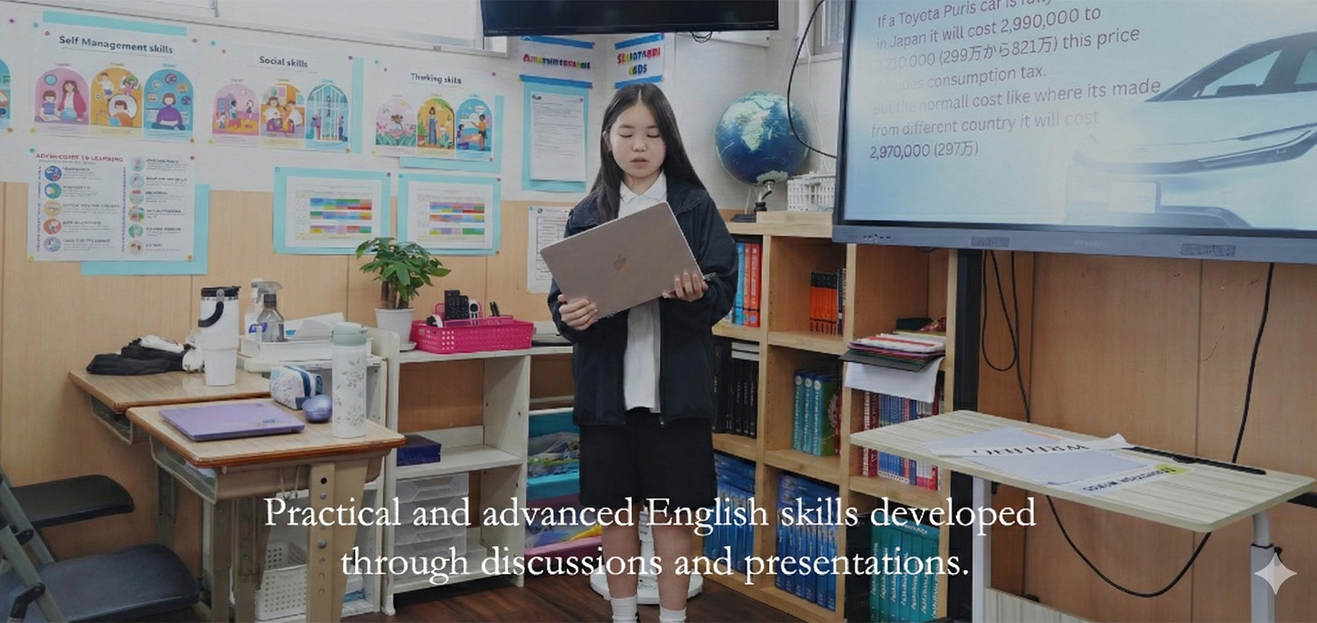 Practical and advanced English skills developed through discussions and presentations.